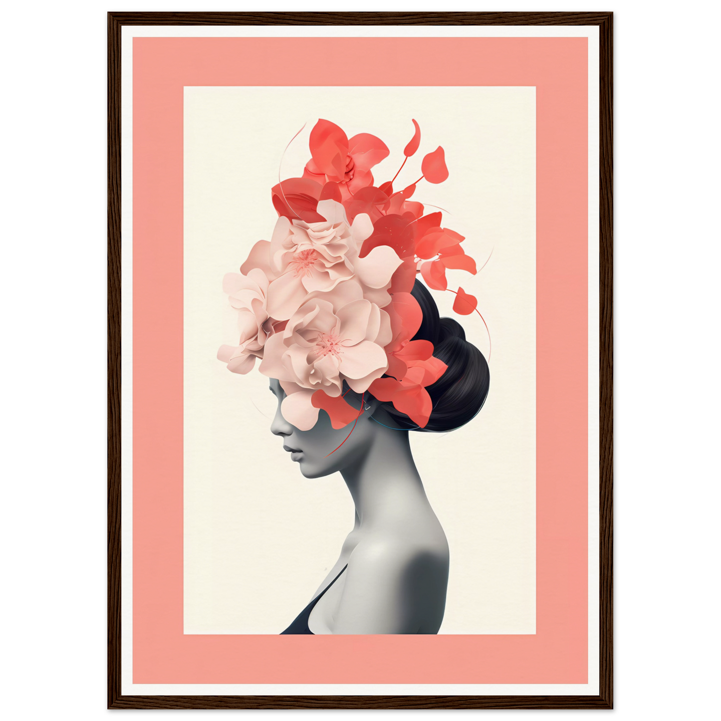 Artistic portrait featuring a silhouette with vibrant floral elements adorning the head.