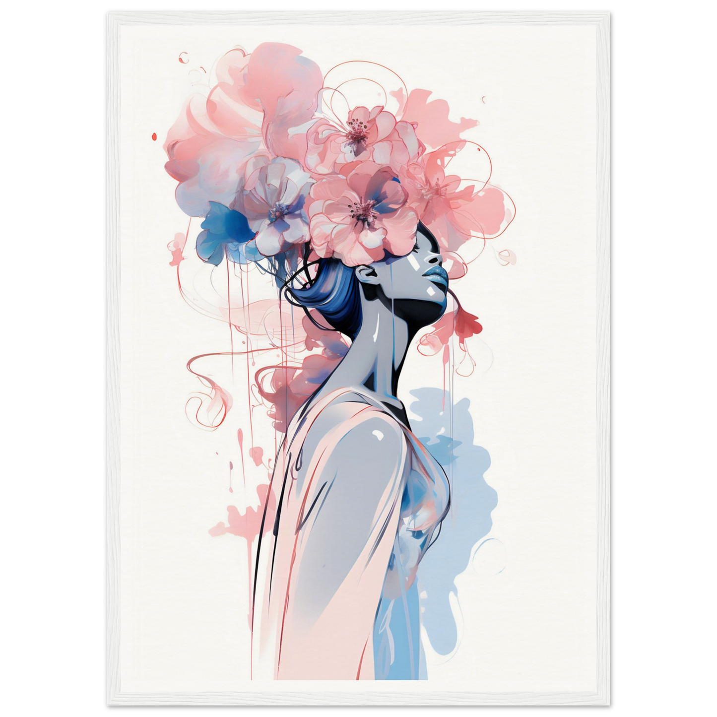 Artistic portrait of a figure with a floral headdress in soft pink and blue watercolor tones.