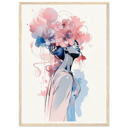 Artistic portrait of a figure with floral elements forming their hair and head in soft pink and blue watercolor tones.