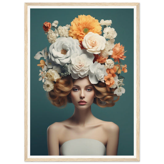 Portrait of a woman wearing an elaborate floral headdress composed of white, orange, and yellow blooms.