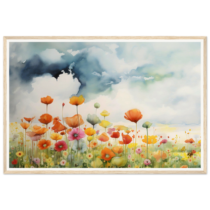 Watercolor painting of a colorful wildflower field beneath a stormy sky.