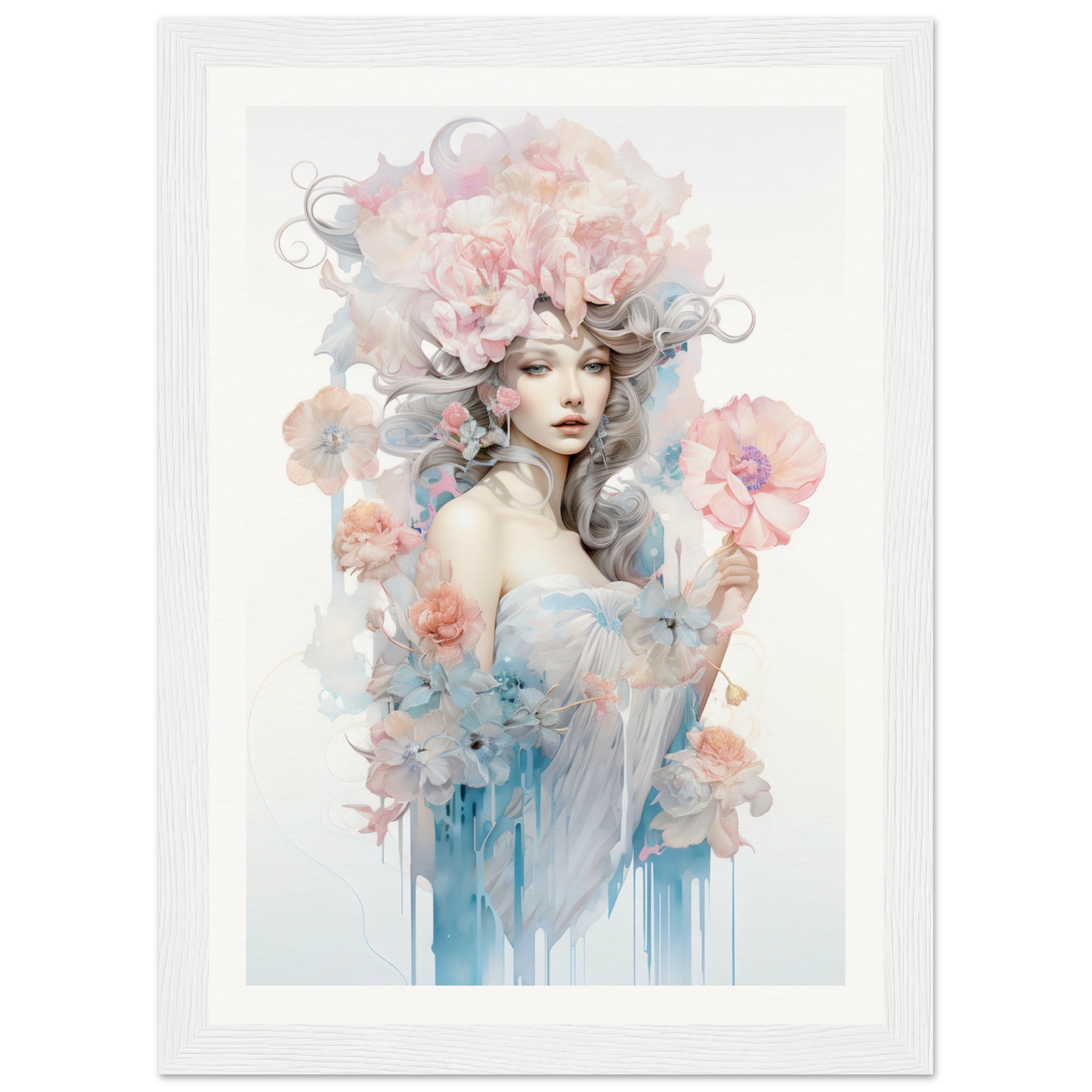 Ethereal watercolor-style portrait of a woman surrounded by delicate floral elements and soft, flowing colors.