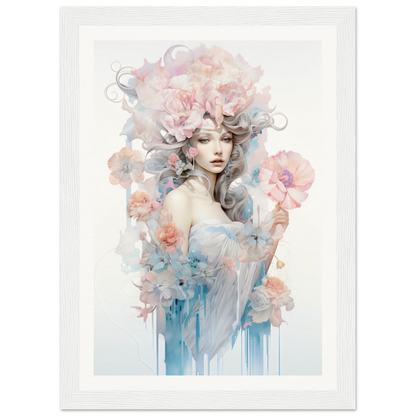 Ethereal watercolor-style portrait of a woman surrounded by delicate floral elements and soft, flowing colors.