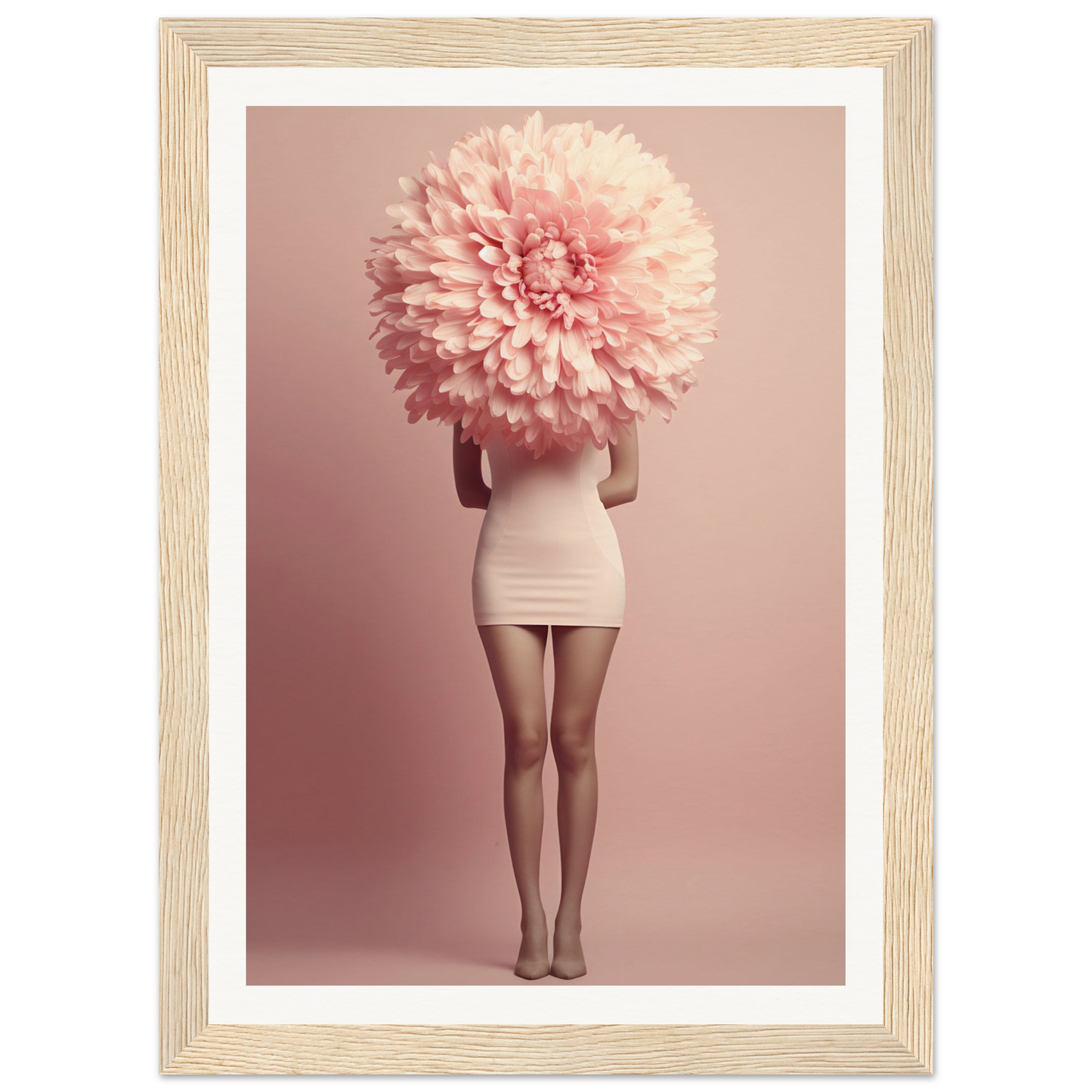 A figure wearing a white dress with an oversized pink flower bloom obscuring the head.