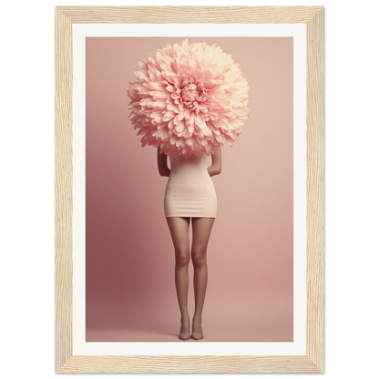 A figure wearing a white dress with an oversized pink flower bloom obscuring the head.