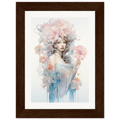 Ethereal watercolor portrait of a woman with flowing hair adorned with delicate flowers.