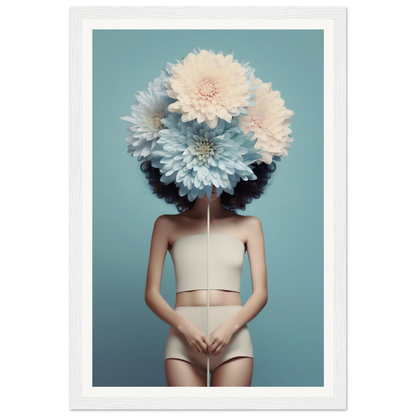 A figure wearing a white bodysuit with oversized flowers obscuring their head.