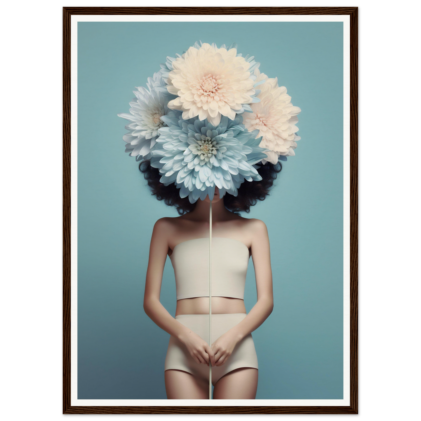 Surreal portrait of a figure with giant white chrysanthemums in place of a head.