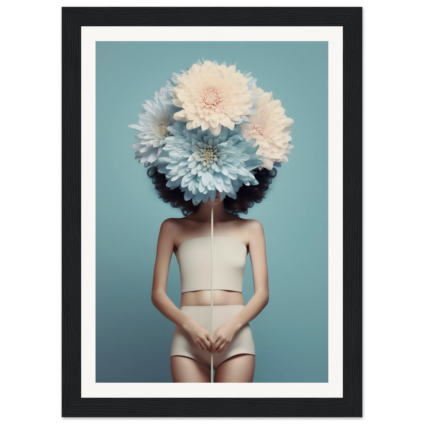 Surreal portrait of a figure with giant flowers obscuring their head and face.