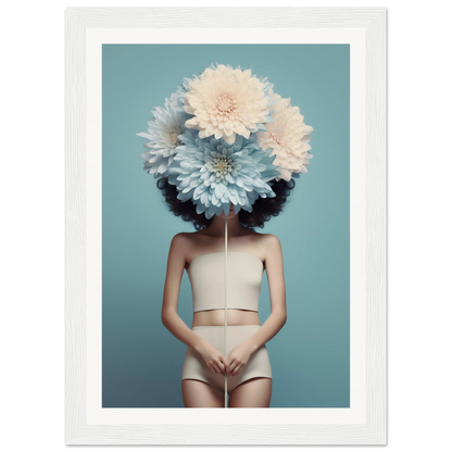 A person wearing oversized flowers as a headdress, obscuring their face.