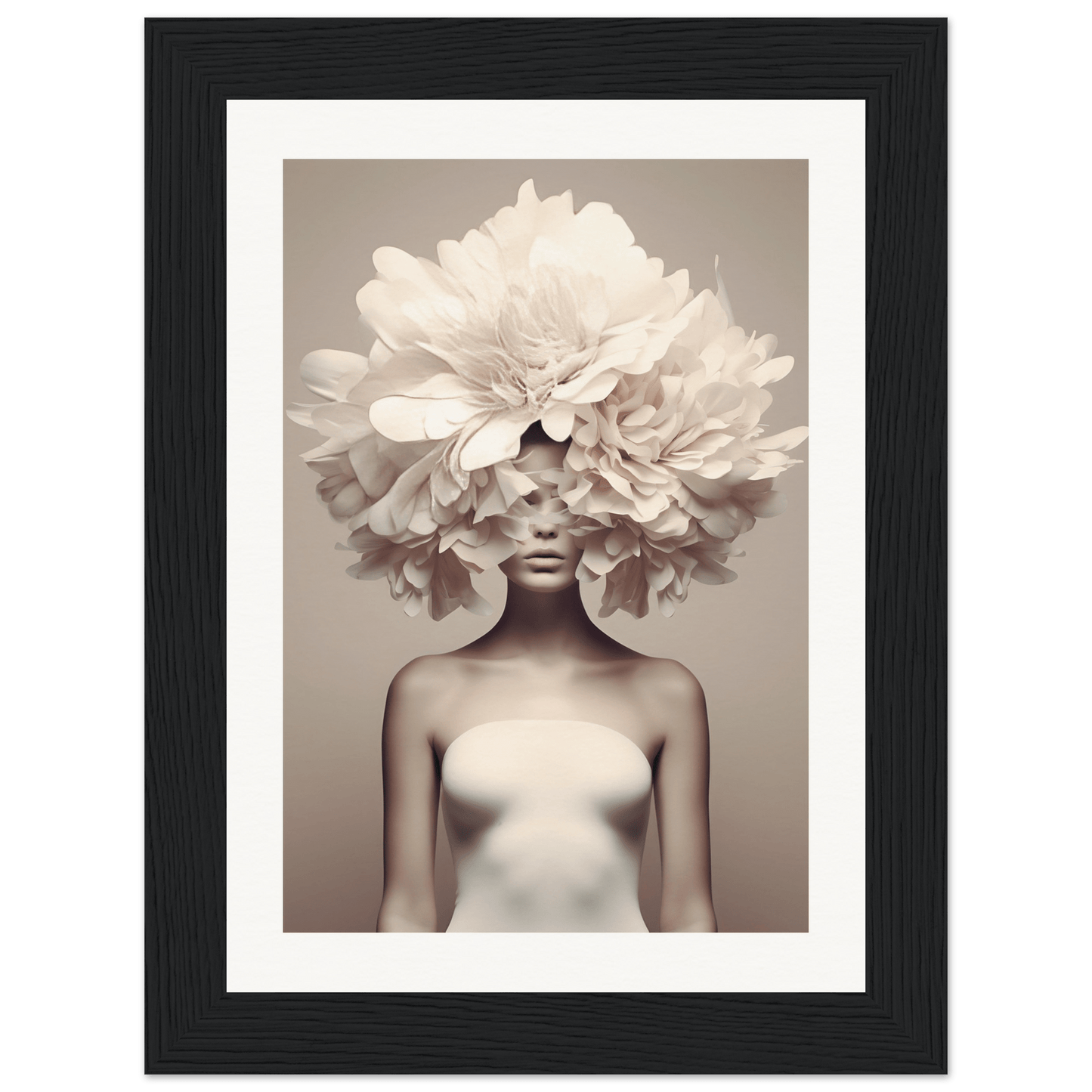 Artistic photograph of a figure wearing an elaborate floral headdress that obscures the upper part of their body.