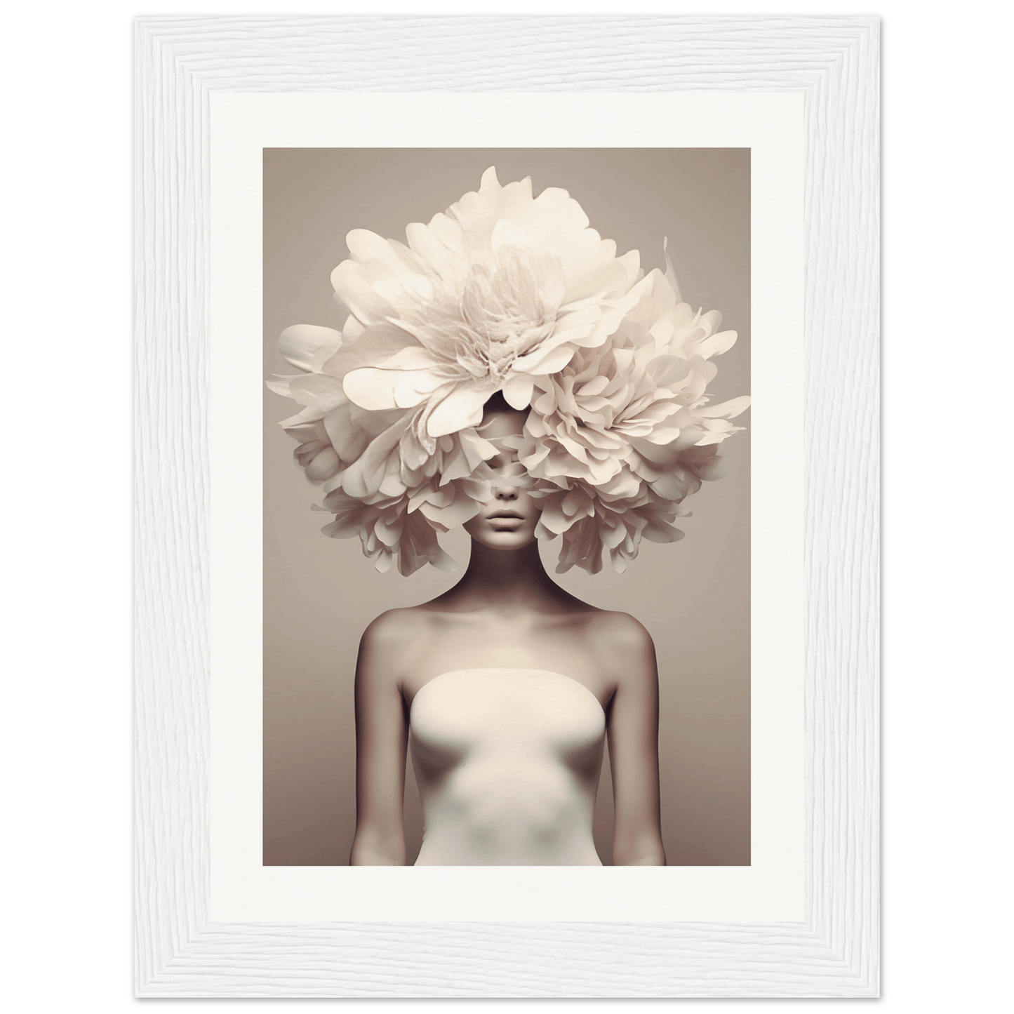 A surreal portrait featuring a figure with an elaborate floral headdress obscuring the upper part of their body.