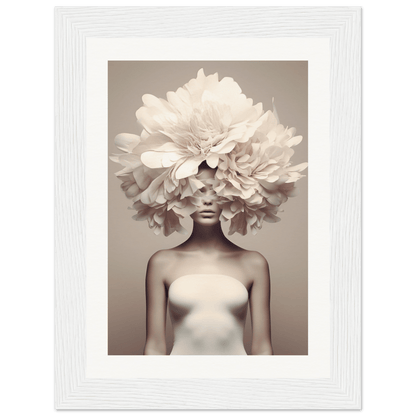 A surreal portrait featuring a figure with an elaborate floral headdress obscuring the upper part of their body.