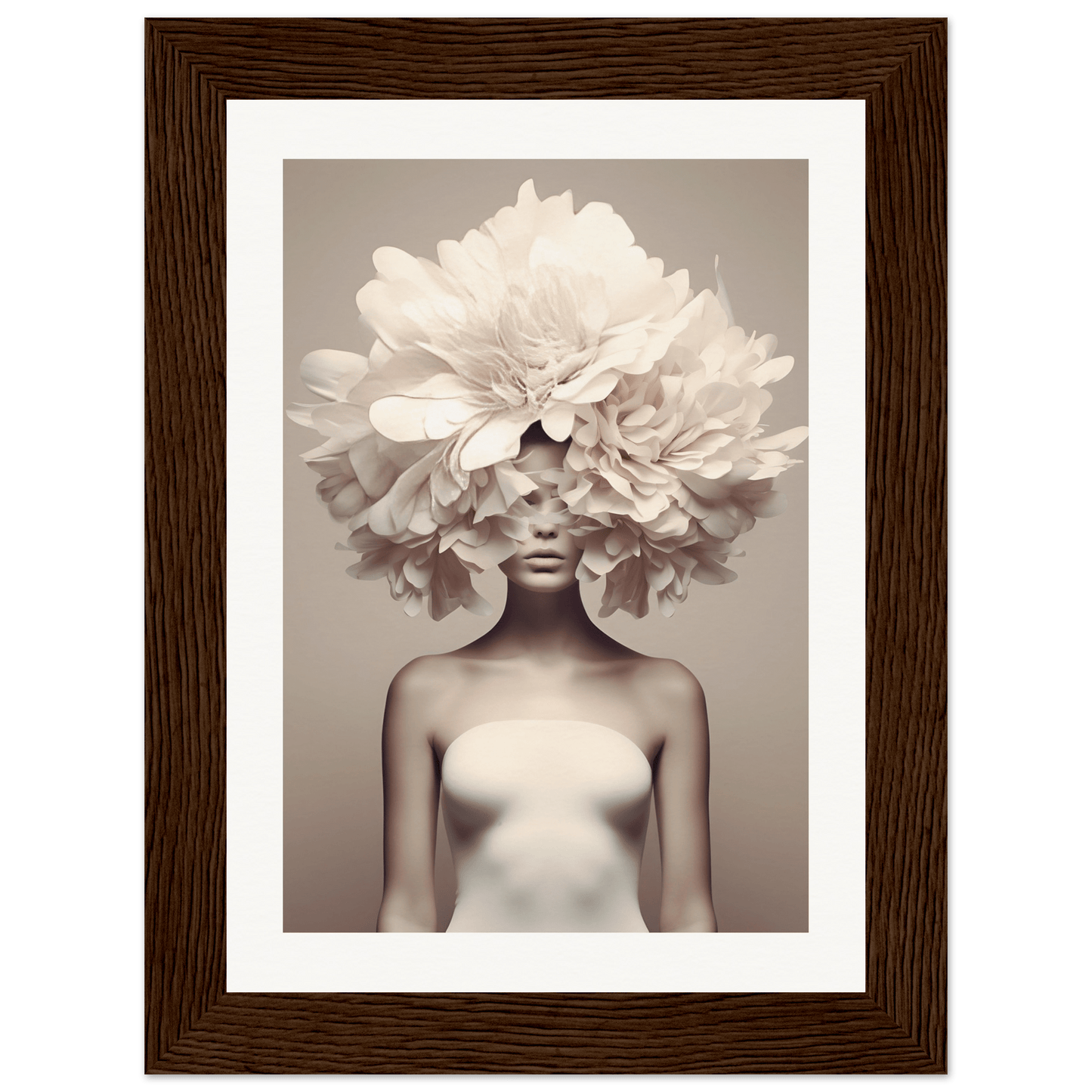 Artistic photograph of a figure with an elaborate floral headdress obscuring the upper portion of their body.