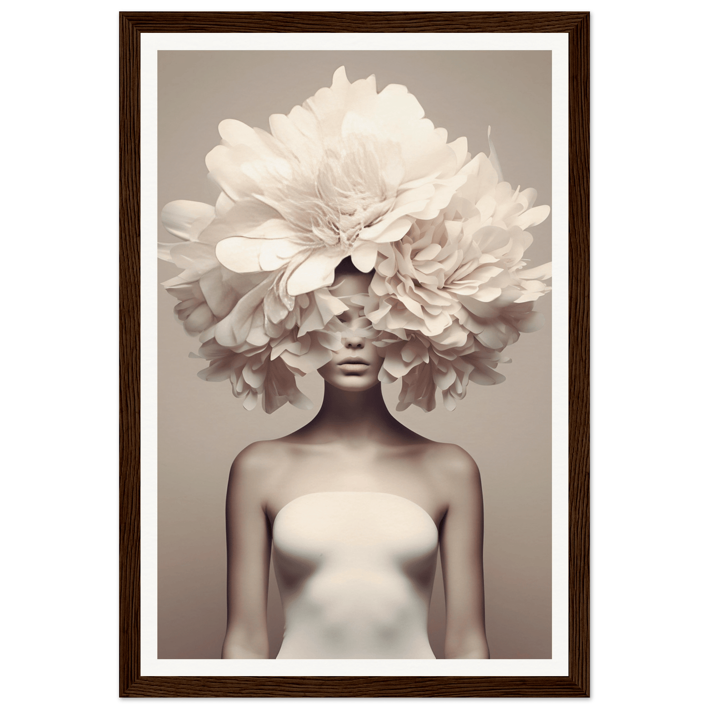 Artistic portrait featuring a figure wearing an elaborate floral headdress made of oversized white petals.