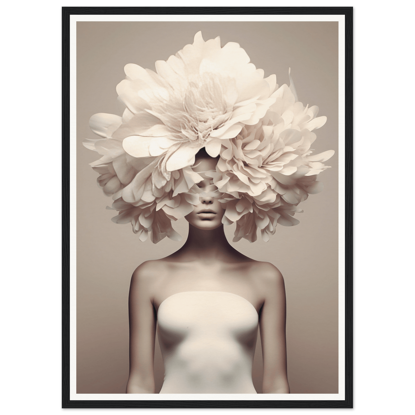 Monochromatic portrait featuring a figure with an elaborate floral headdress obscuring the upper face.