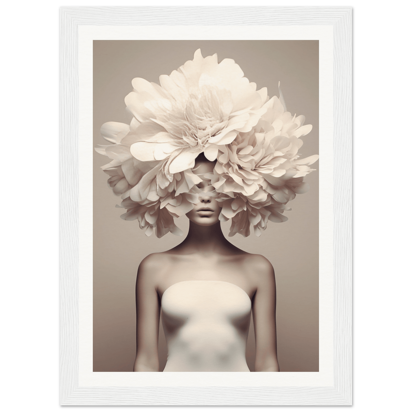 Artistic portrait featuring an elaborate floral headdress obscuring the upper half of a figure’s face.