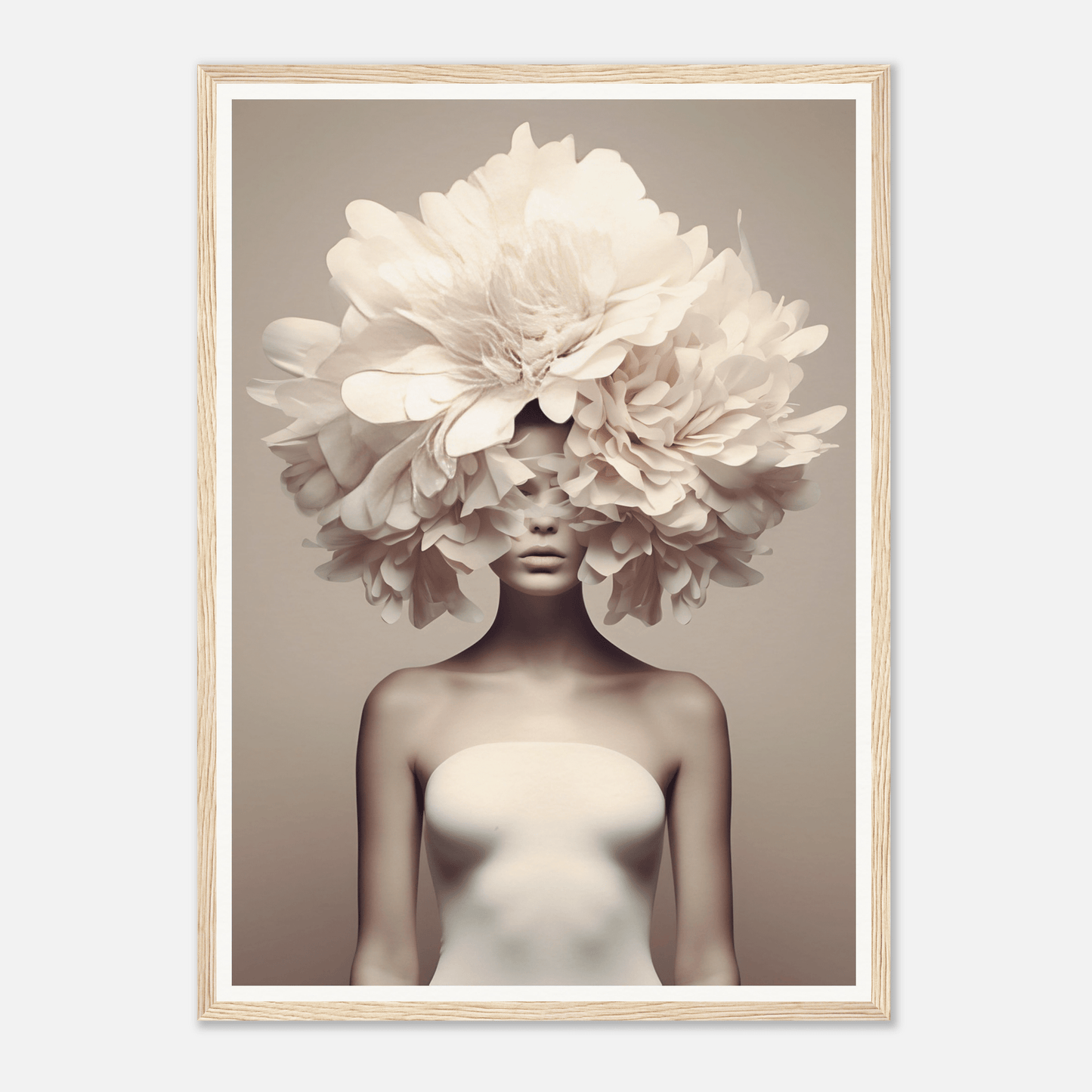 Surreal portrait featuring a figure with an enormous floral headdress obscuring the upper face.