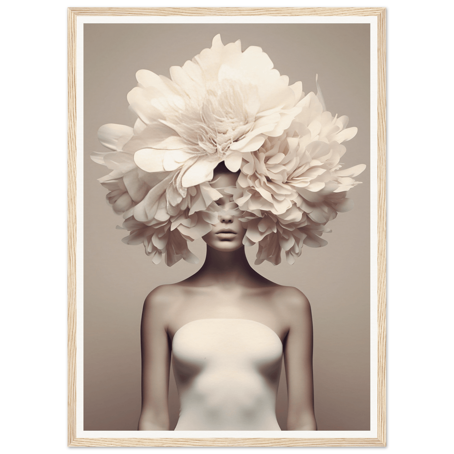 Surreal portrait featuring a figure with an enormous floral headdress obscuring the upper half of their face.