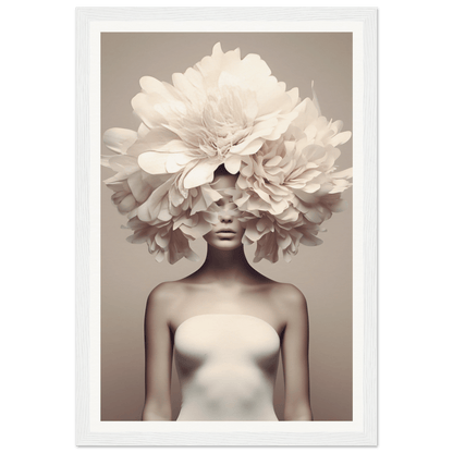 Surreal portrait featuring a figure with an enormous floral headdress obscuring the upper half of their face.