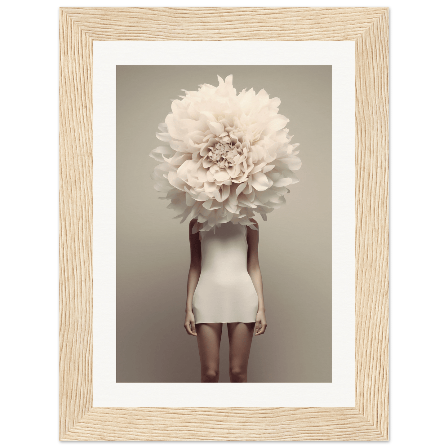 Figure wearing a white mini dress with an oversized white peony flower in place of a head.