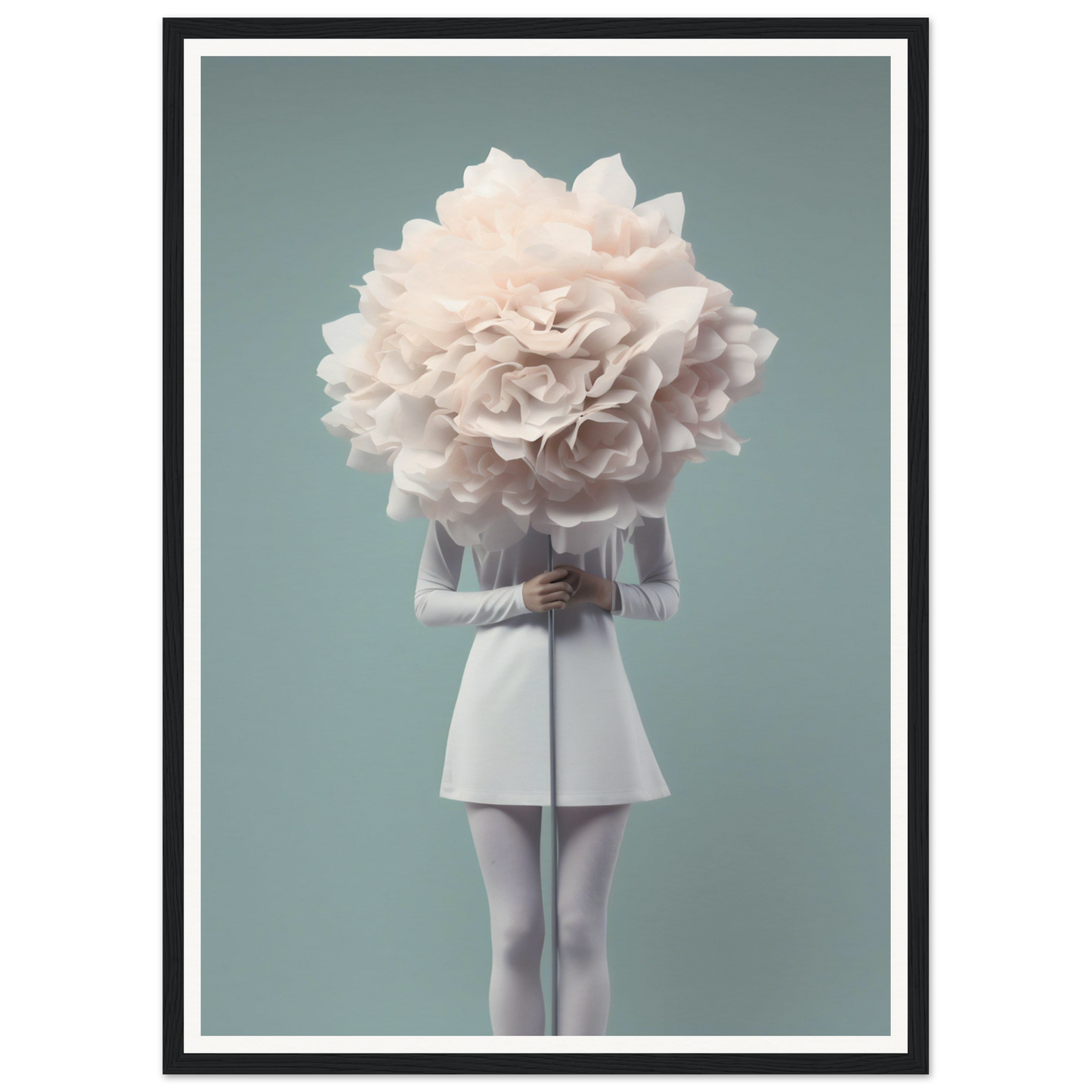 A figure in a white outfit with an oversized flower bloom for a head.