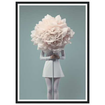 A figure in a white outfit with an oversized flower bloom for a head.