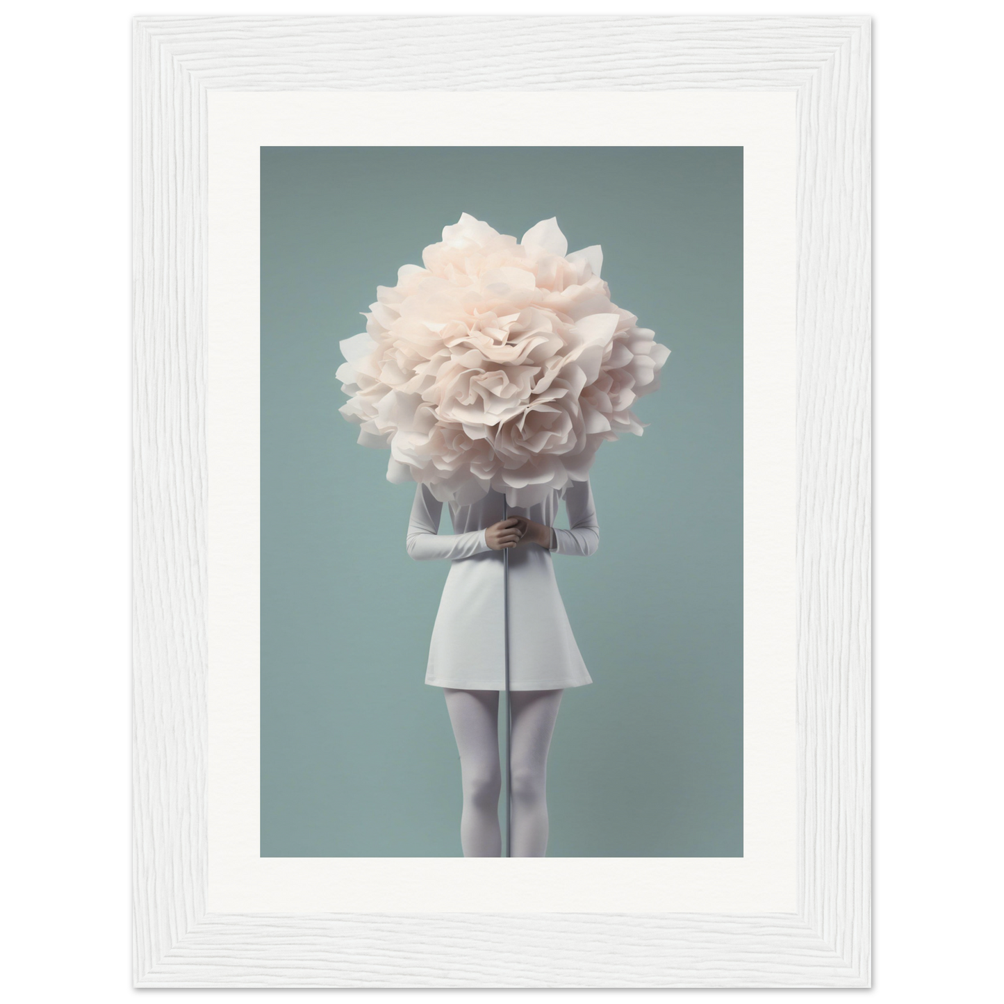 A figure wearing a white outfit with a giant flower bloom in place of its head.