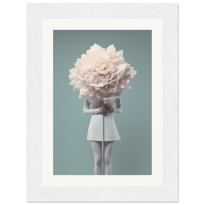 A figure wearing a white outfit with a giant flower bloom in place of its head.