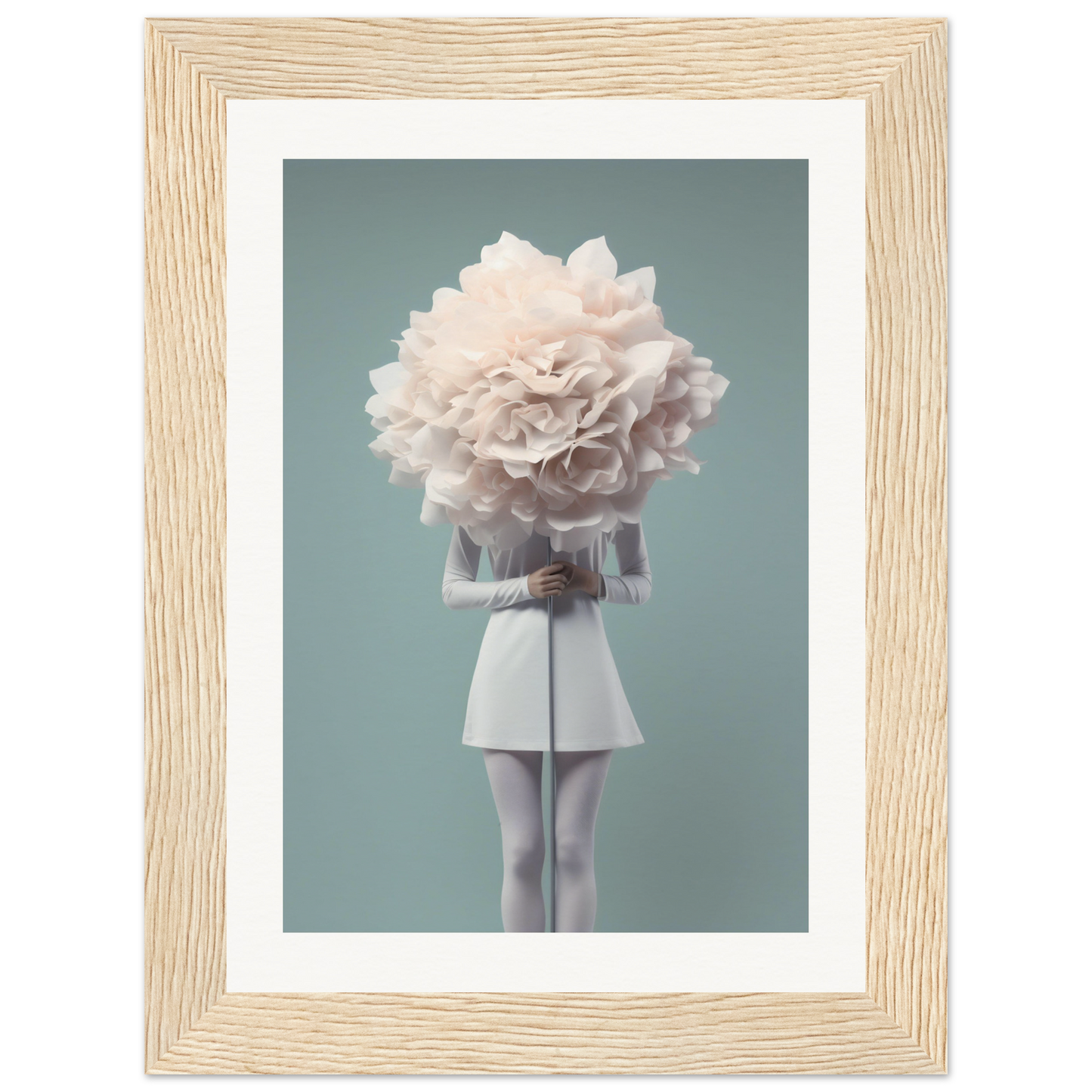 Surreal figure with a giant white flower for a head, wearing a short white dress.