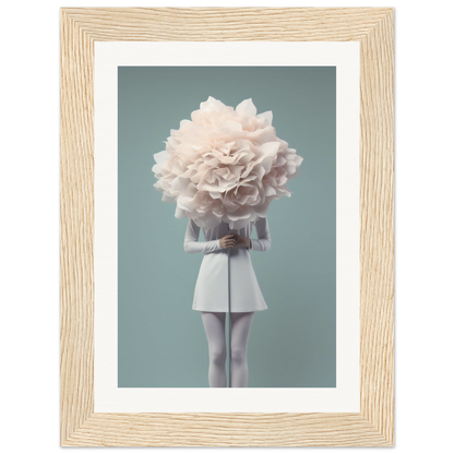 Surreal figure with a giant white flower for a head, wearing a short white dress.