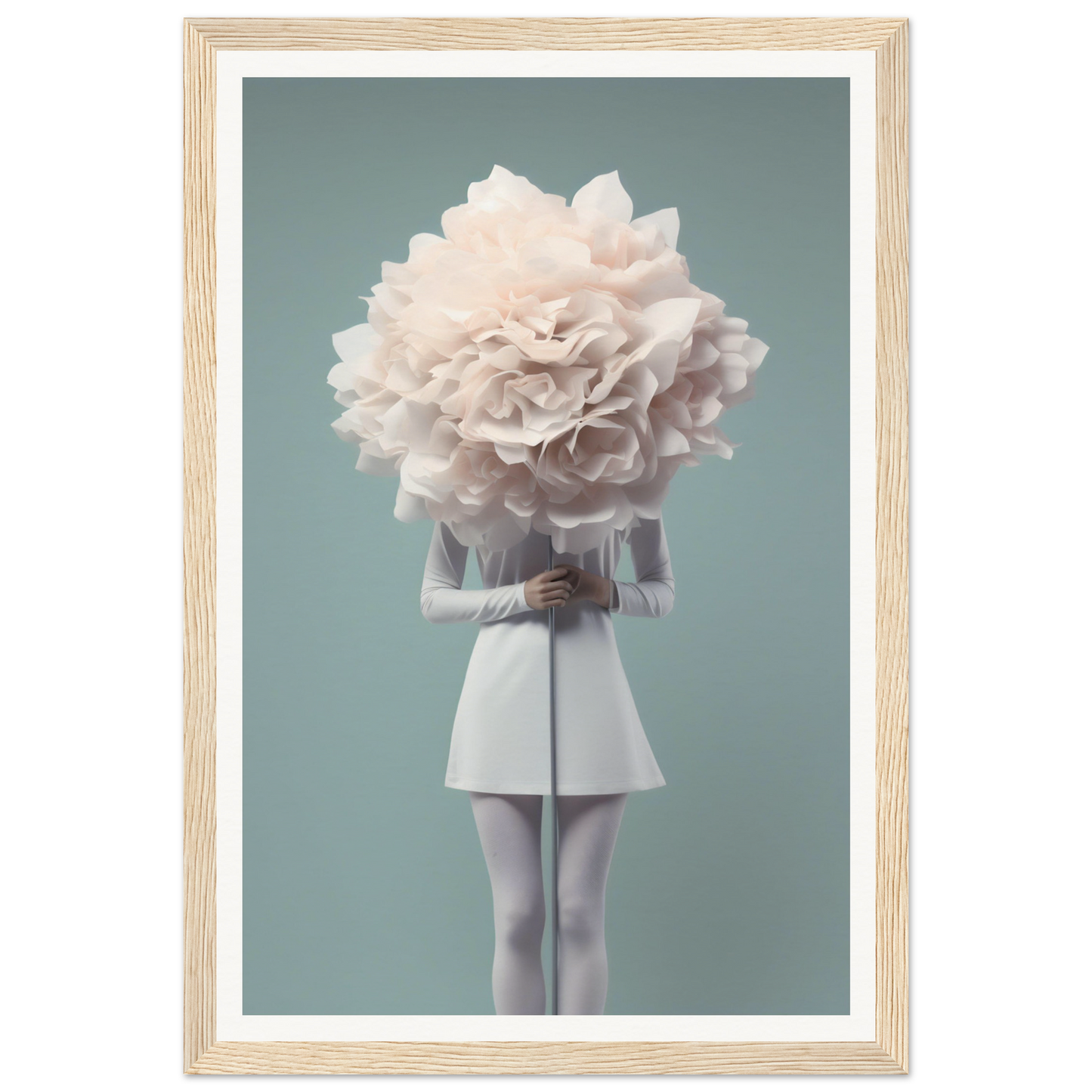 A person wearing a white outfit holding a giant white flower that obscures their head.