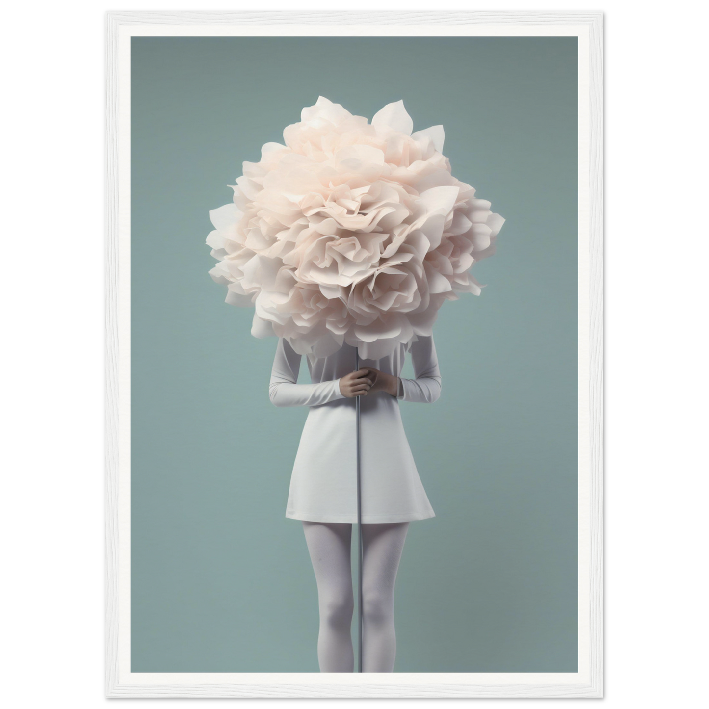 A person wearing a white outfit with their head replaced by an oversized pale flower.