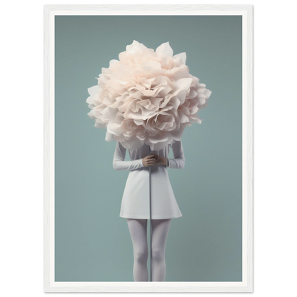 A person wearing a white outfit with their head replaced by an oversized pale flower.