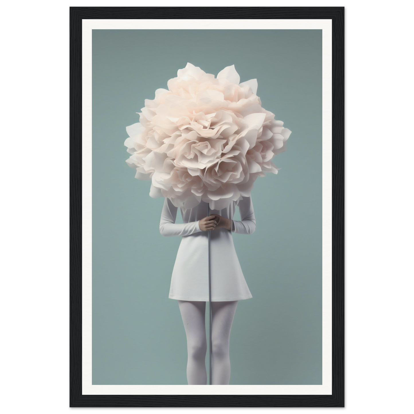 A person wearing a white outfit with their head replaced by a giant white flower.