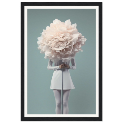 A person wearing a white outfit with their head replaced by a giant white flower.