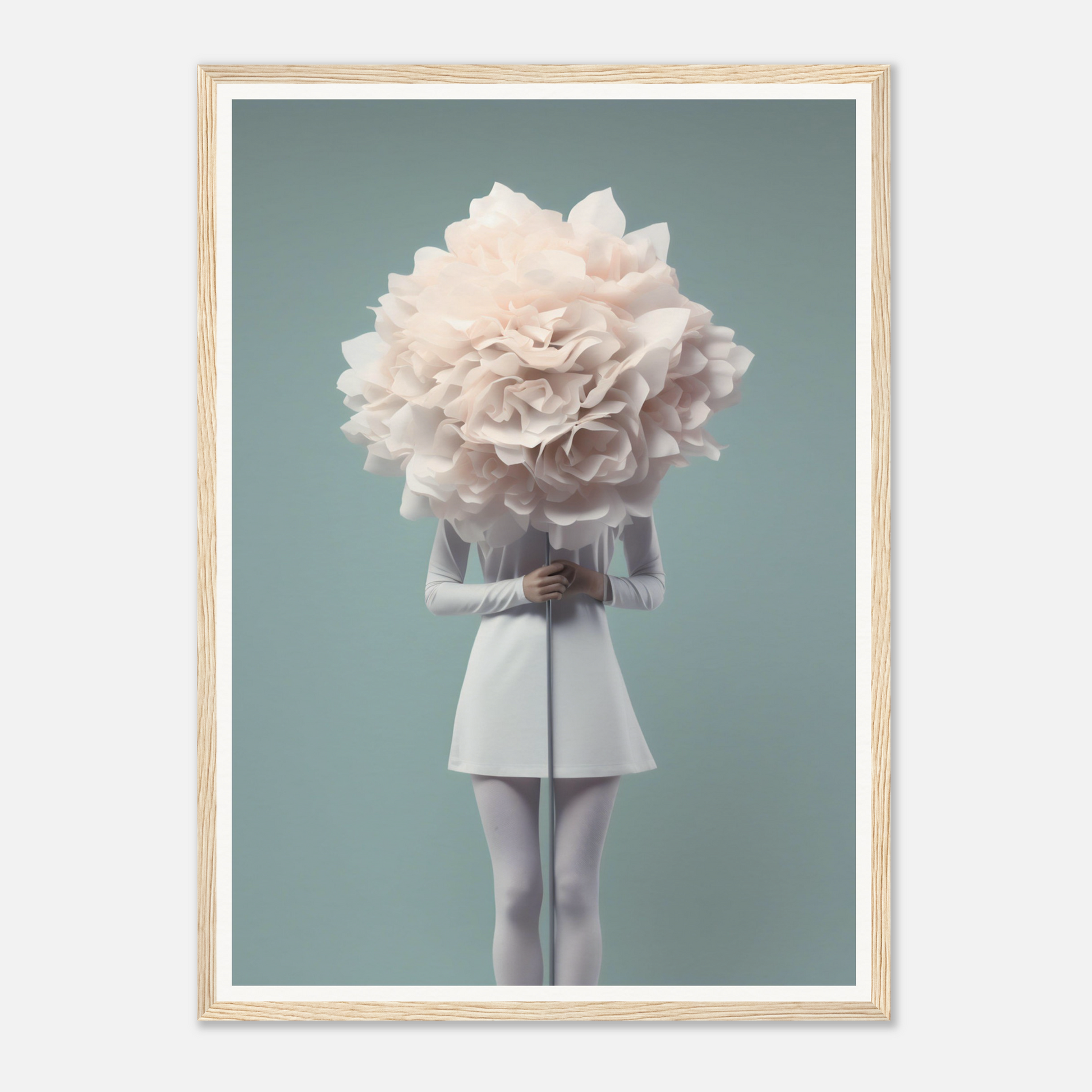 A person wearing a white dress with their head replaced by an oversized white flower.