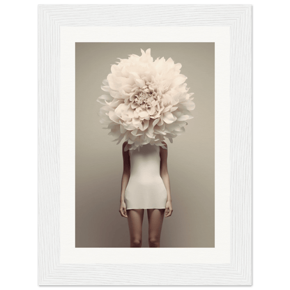 Surreal figure wearing a white dress with an oversized flower bloom in place of a head.