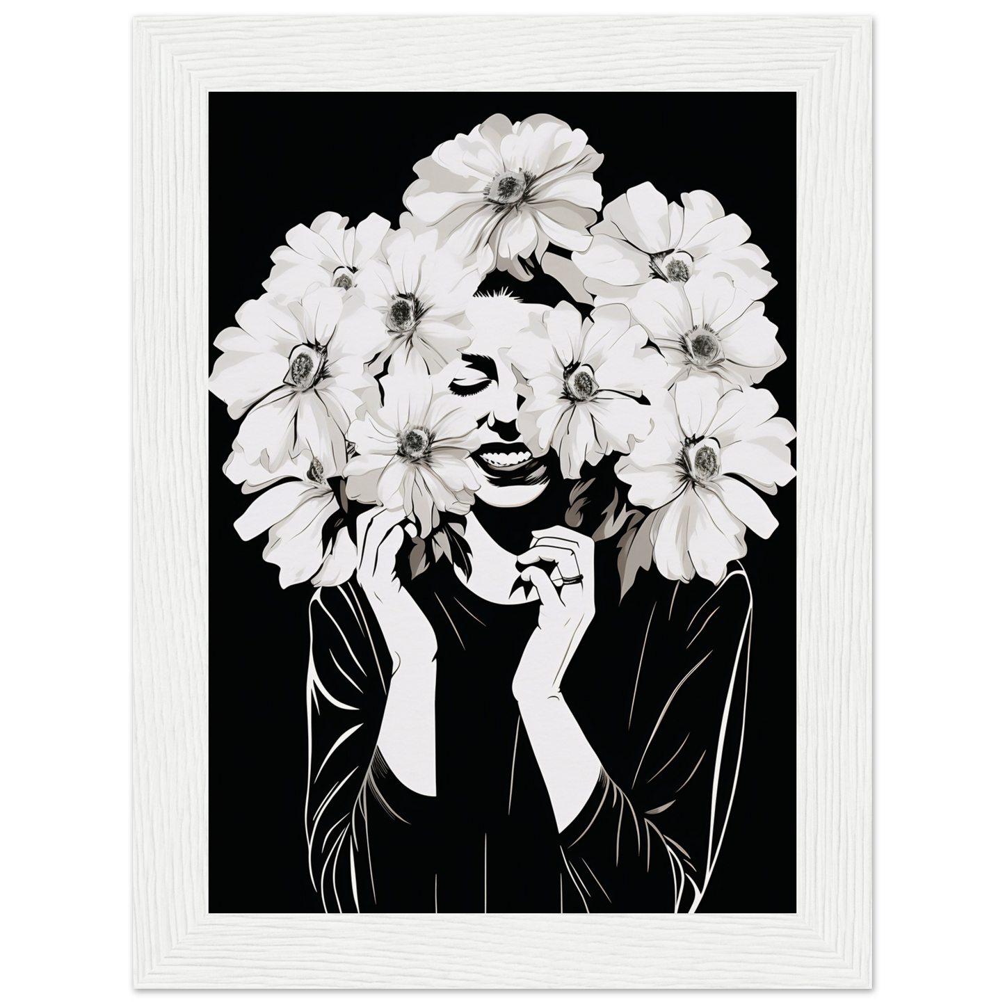 Artistic portrait combining a person’s silhouette with white flowers forming their hair and framing their face.