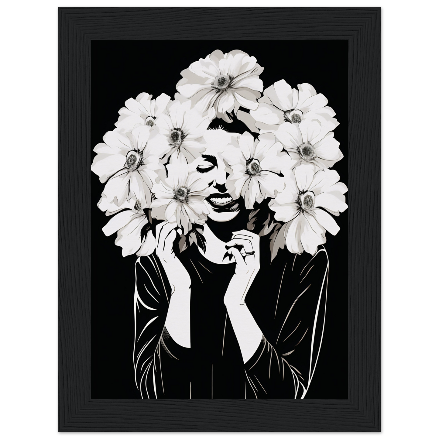 Black and white artistic portrait featuring a figure with a head composed of white flowers.