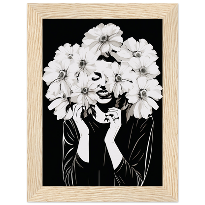 Black and white artistic portrait of a figure with white flowers obscuring their face and hair.