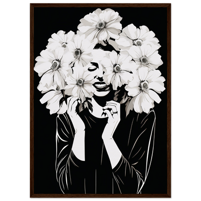 Black and white artistic portrait featuring a figure with large white flowers forming their hair and framing their face.