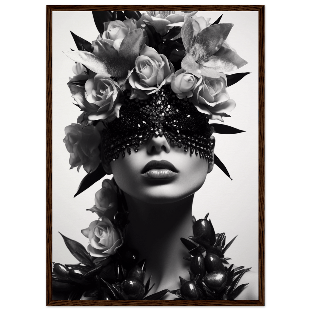 Striking black and white portrait of a figure adorned with roses and a sparkling eye covering.