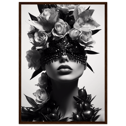 Striking black and white portrait of a figure adorned with roses and a sparkling eye covering.