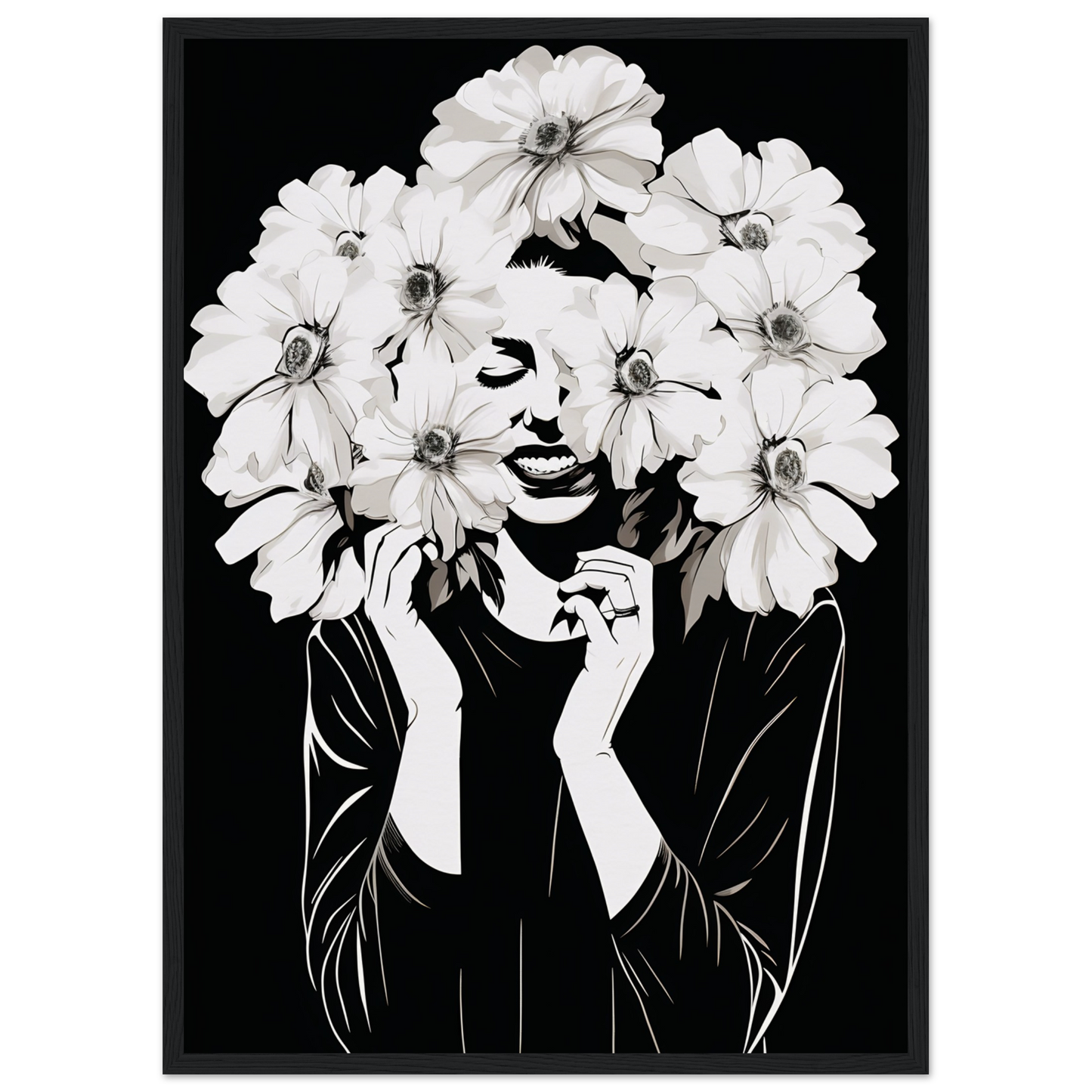 Black and white artistic portrait featuring a figure with white flowers forming their hair and facial features.