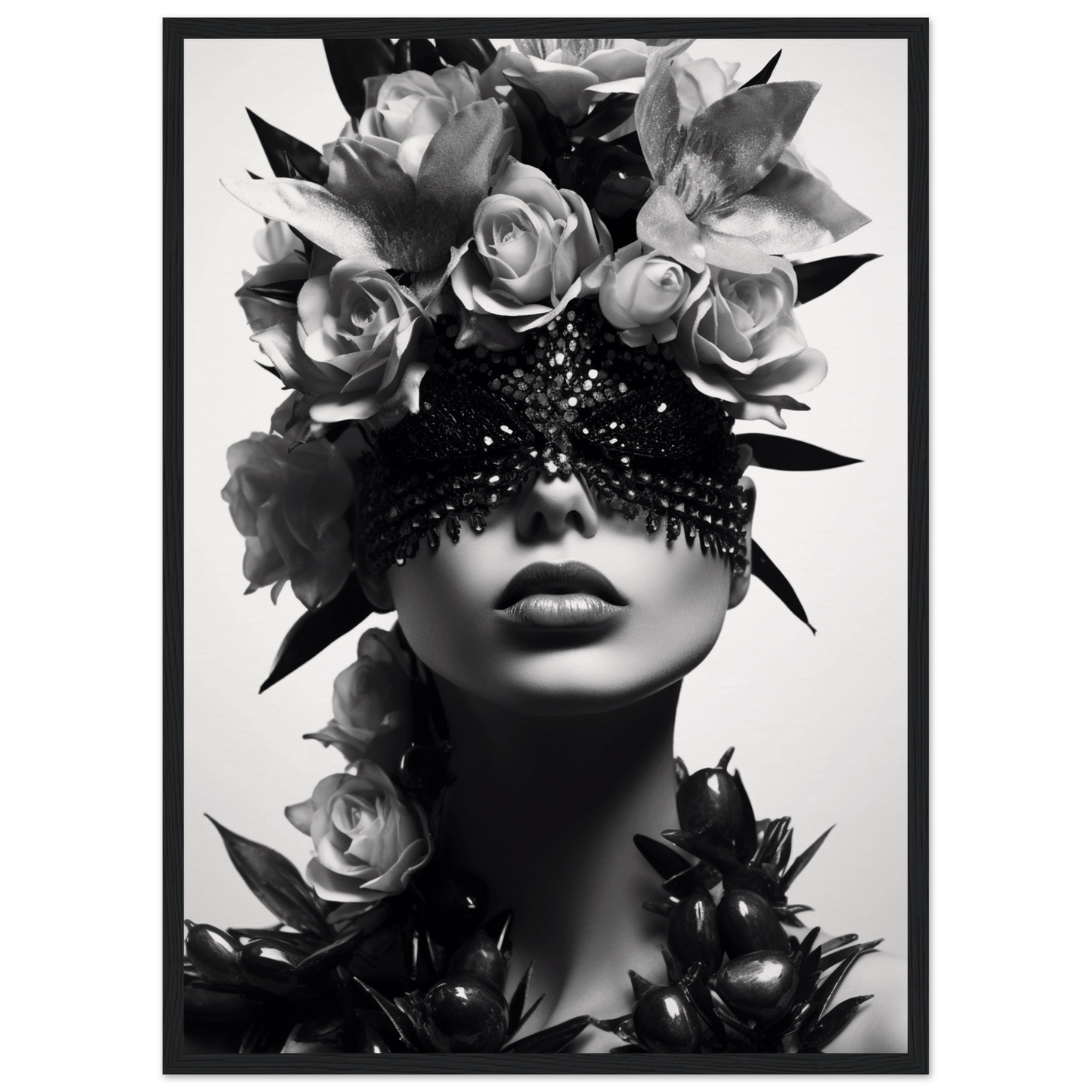 Artistic black and white portrait featuring a figure adorned with roses and a sparkling eye covering.