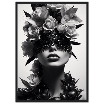 Artistic black and white portrait featuring a figure adorned with roses and a sparkling eye covering.