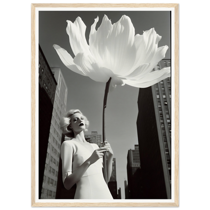 A giant white flower bloom towering over city buildings.