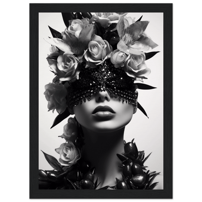 Black and white artistic portrait featuring a figure adorned with roses and an ornate eye covering.