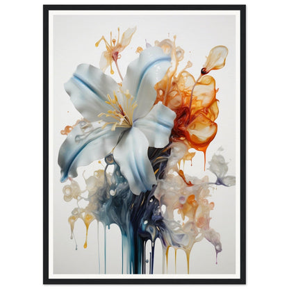 Delicate white lily bloom with watercolor-style splashes of orange, blue, and gray.